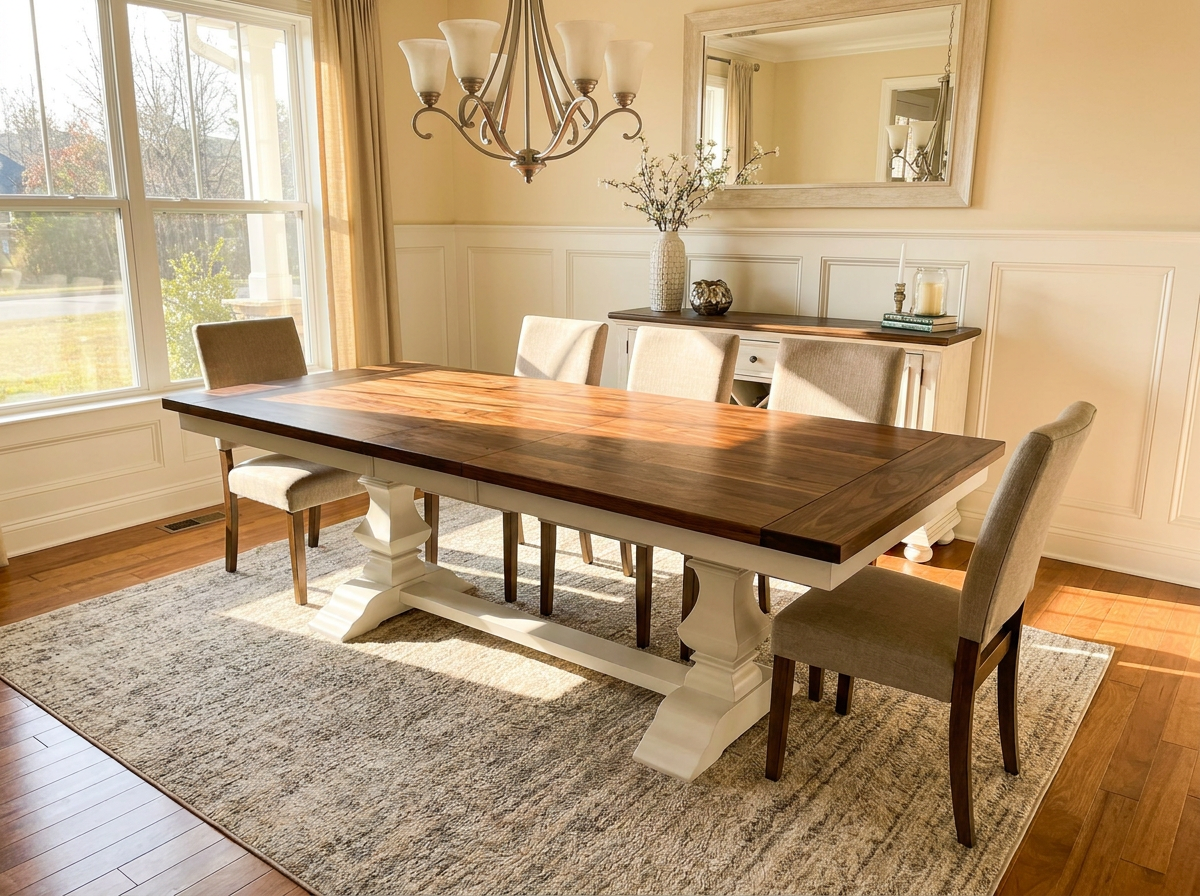 Custom Banks dining table with a long dark wood top and white pedestal base by Westerman Woodworks, Tulsa, Oklahoma