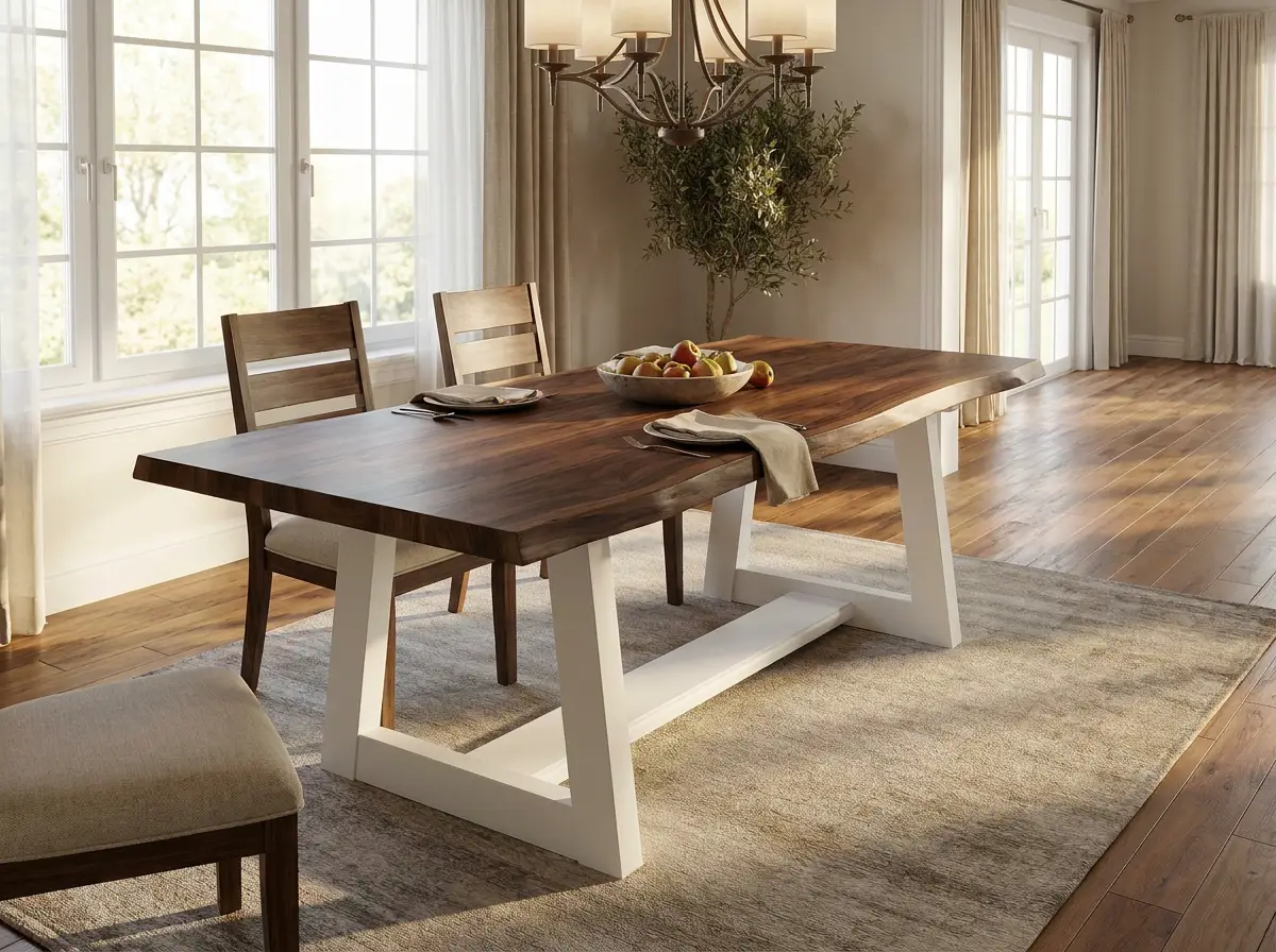 Custom Beaufort dining table with a live-edge dark wood top and white base by Westerman Woodworks, Tulsa, Oklahoma