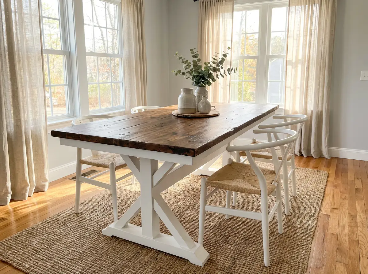 Custom Canyon dining table with a rustic dark wood top and white base by Westerman Woodworks, Tulsa, Oklahoma