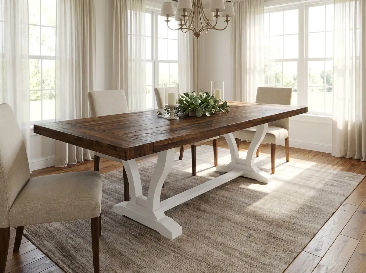 Custom La Casa dining table with a dark wood top and white trestle base by Westerman Woodworks, Tulsa, Oklahoma