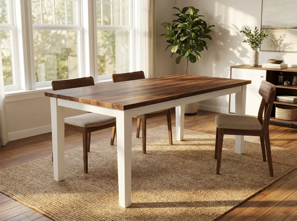 Custom Shaker dining table with a dark wood top and white legs by Westerman Woodworks, Tulsa, Oklahoma