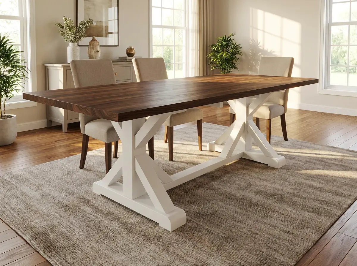 Custom Sierra dining table with a dark wood top and white X trestle base by Westerman Woodworks, Tulsa, Oklahoma