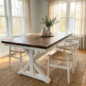 Custom Canyon dining table with a rustic dark wood top and white base by Westerman Woodworks, Tulsa, Oklahoma