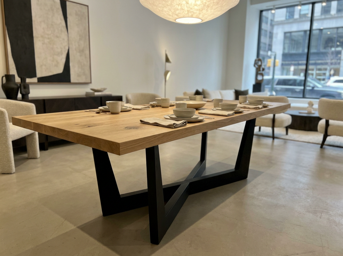 Custom white oak dining table with a black cross base by Westerman Woodworks, Tulsa, Oklahoma