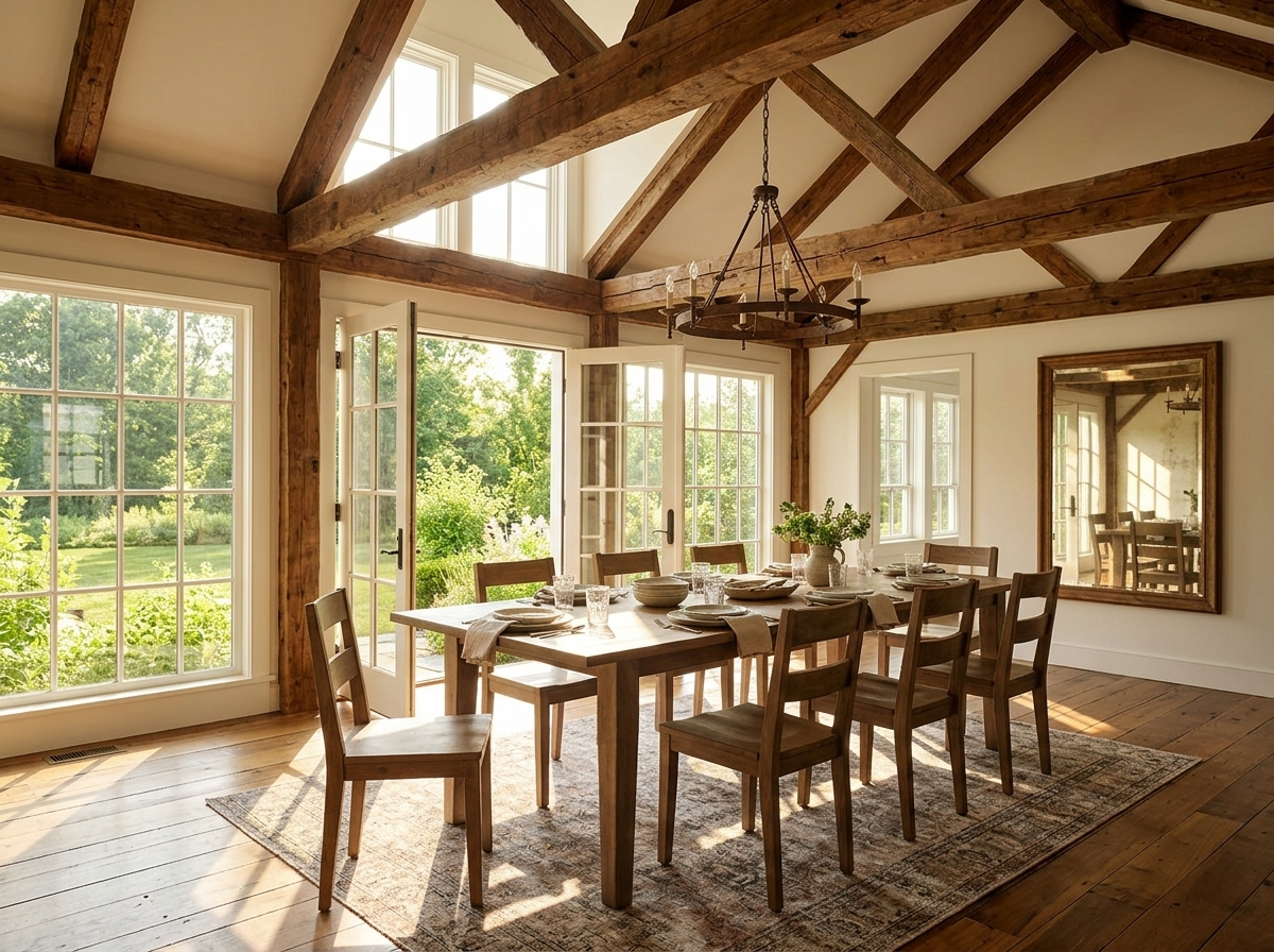 Custom dining set with a wooden table and matching chairs in a sunlit dining room by Westerman Woodworks, Tulsa, Oklahoma
