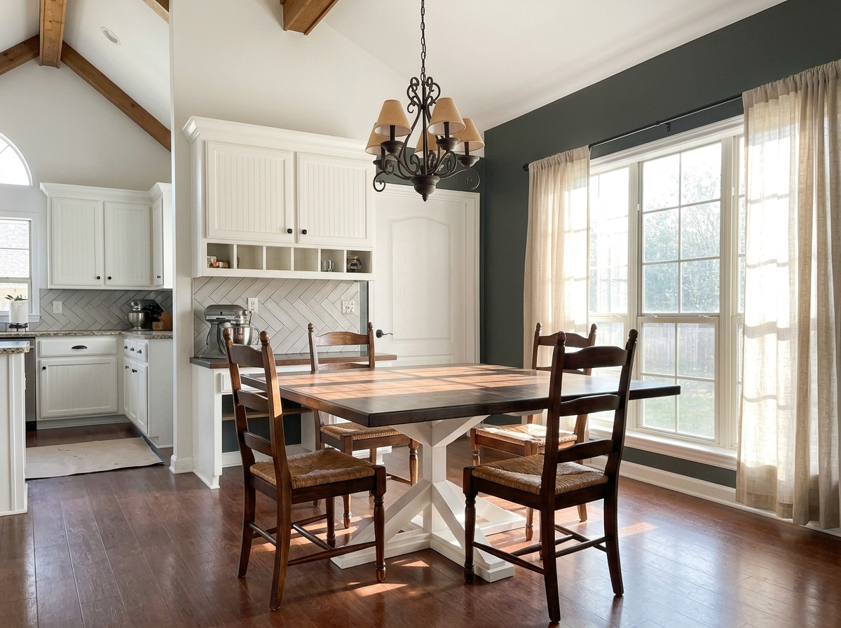 Custom dining table with matching chairs in a sunlit dining room by Westerman Woodworks, Tulsa, Oklahoma