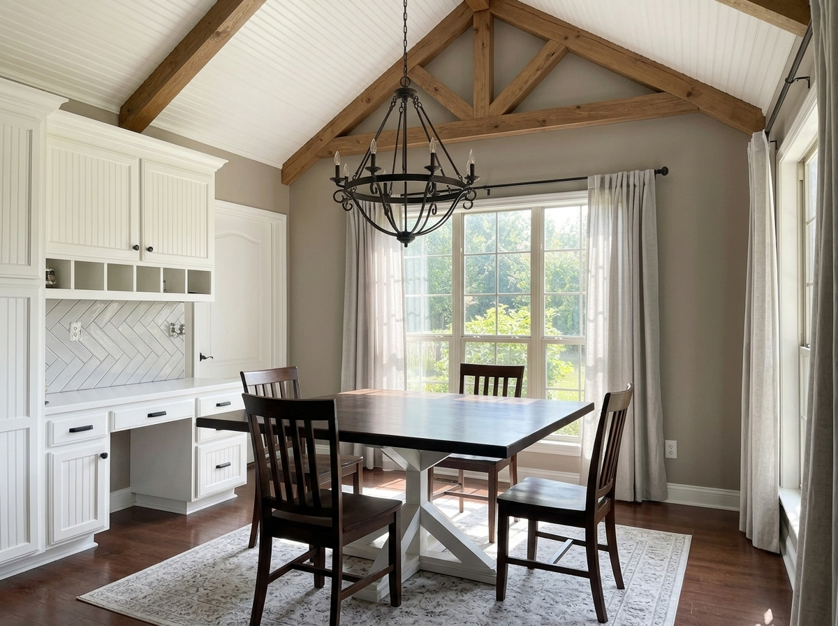 Custom dining table with matching dark wood chairs in a dining room with a vaulted beamed ceiling by Westerman Woodworks, Tulsa, Oklahoma