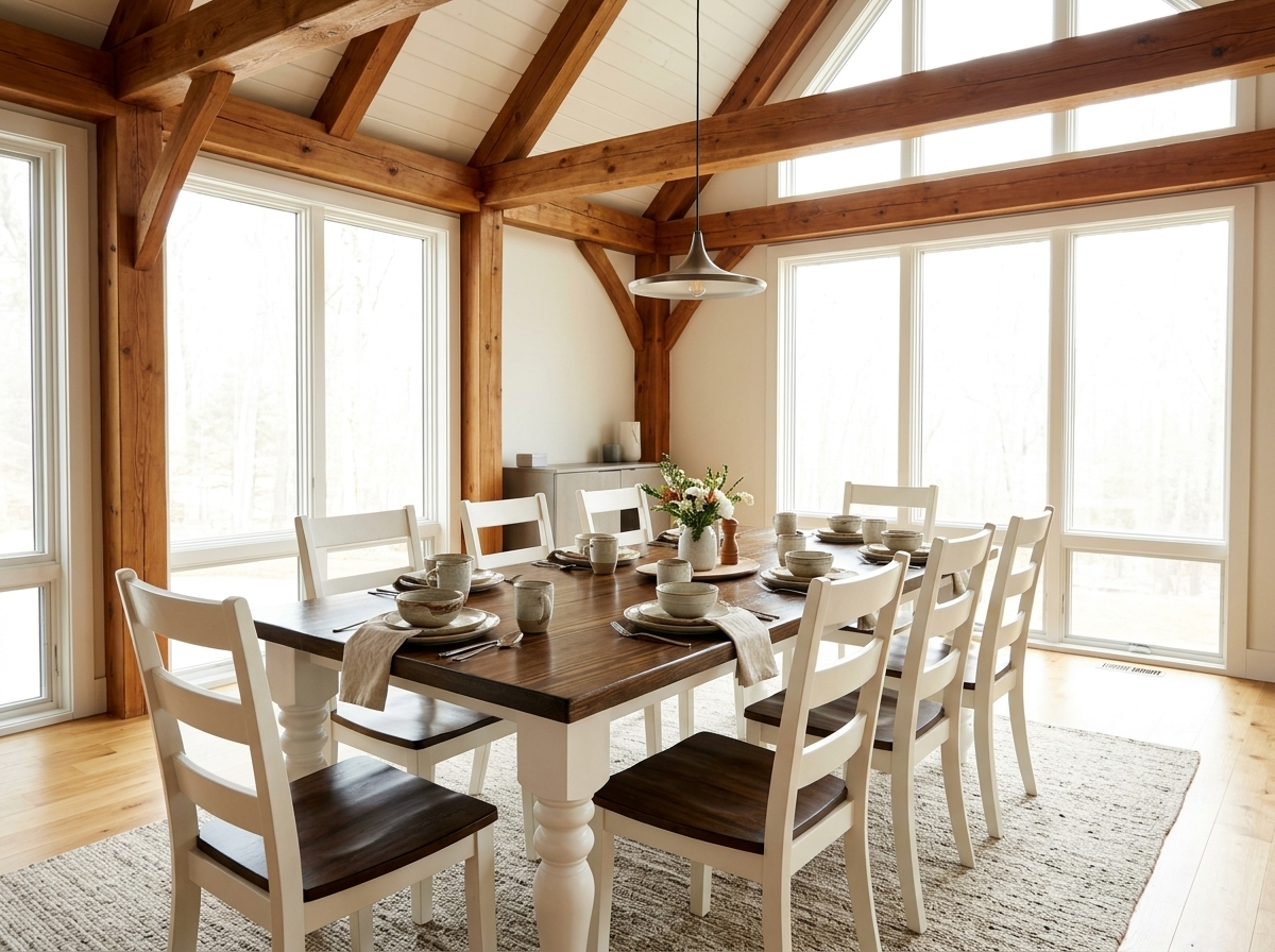 Custom dining table with a dark wood top and white chairs in a bright dining room by Westerman Woodworks, Tulsa, Oklahoma