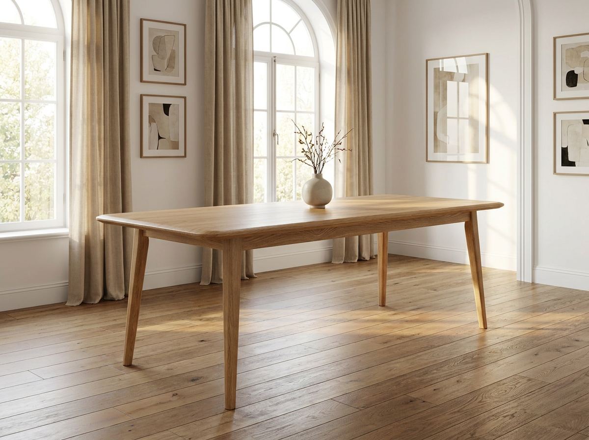 Custom light wood dining table in a bright room by Westerman Woodworks, Tulsa, Oklahoma