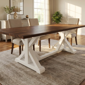 Custom Sierra dining table with a dark wood top and white X trestle base by Westerman Woodworks, Tulsa, Oklahoma