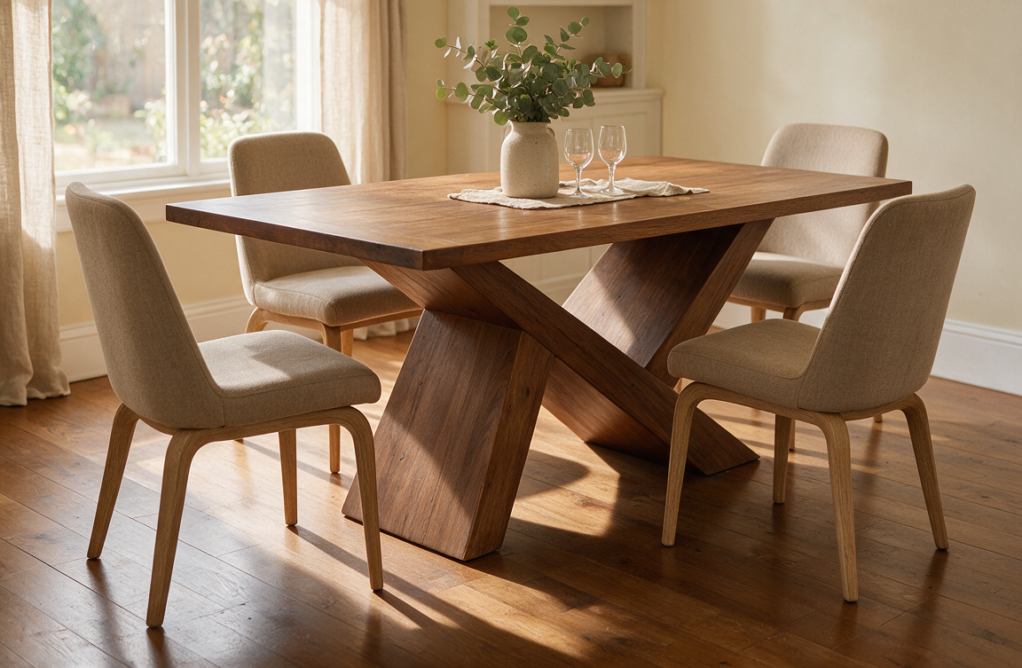 Custom Terazi dining table with a wood top and X base by Westerman Woodworks, Tulsa, Oklahoma