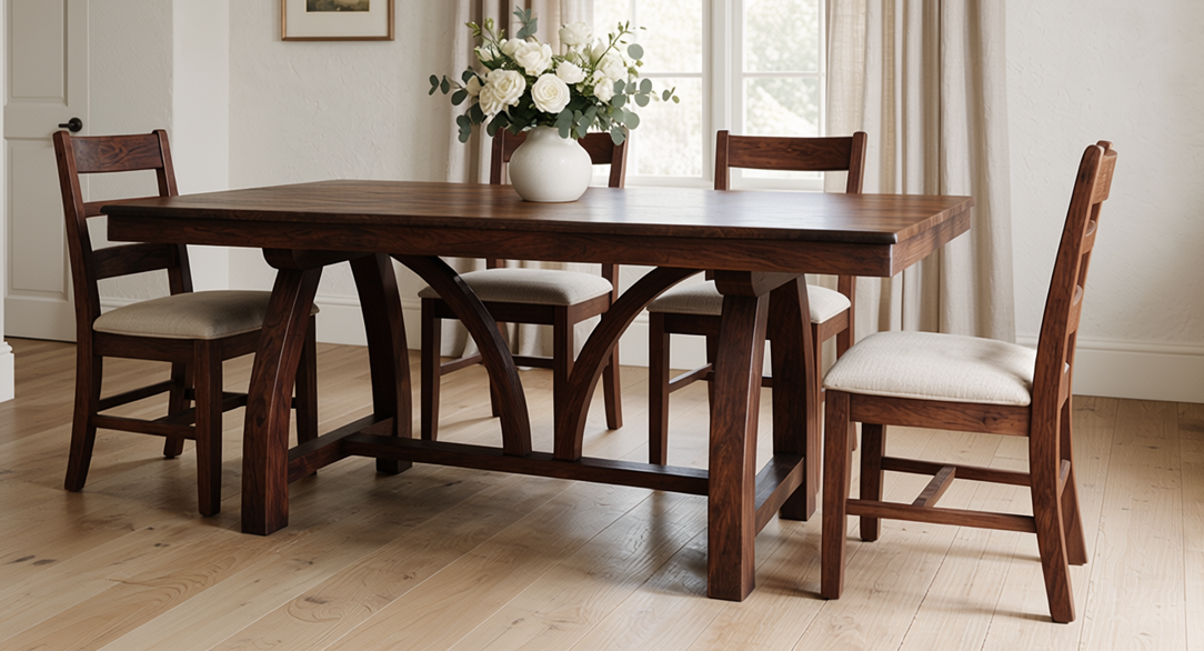 Custom Verona dining table with a dark wood trestle base and matching chairs by Westerman Woodworks, Tulsa, Oklahoma